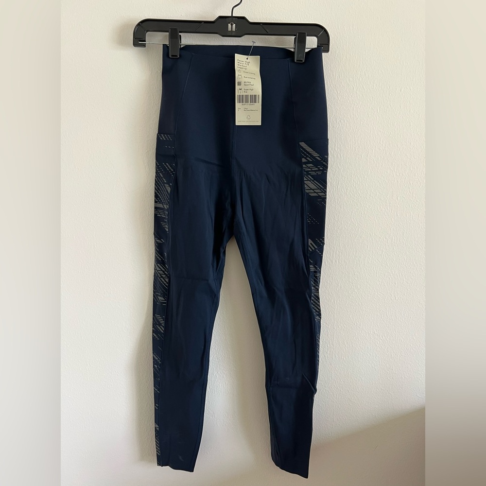 NWT Sweaty Betty 7/8 power leggings, navy blue with reflective design on side